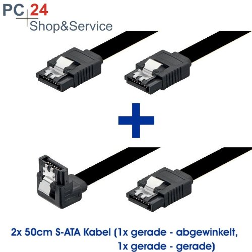 2x SATA Kabel 50cm Schwarz | 1x gerade-gerade | 1x gerade-abgewinkelt | kompatibel bis zu S-ATA/600 | Serial ATA | 1,5GBs/3GBs/6GBs (abwärtskompatibel) | S-ATA Kabel | Premiumqualität von PC24 Shop & Service - 2