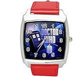 Taport® DR Who, Quarz-Uhr, quadratisch, SCI FI, E2, Leder, Rot, inklusive Ersatzakku und Geschenkbeutel