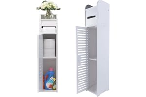 Qimu Floor Cabinet,Waterproof FreeStanding White Slim Bathroom Storage Unit with Daily Use Layer and 1 Cupboard Door,Multi-purpose for Store Toilet Paper,Shampoo,W6.3''x D6.3''xH32''