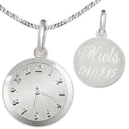 Clever Schmuck Set mit Gravur: Silberner Anhänger Geburts Uhr matt und glänzend mit wählbarer Kette, beides STERLING SILBER 925 im Etui