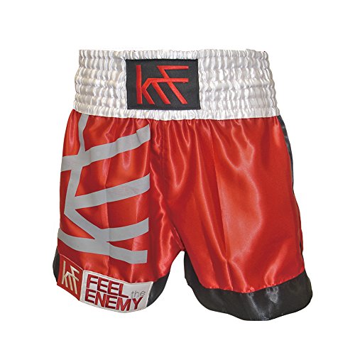 KRF Feel The Enemy Thai Tinta Unita Pantaloncini da Boxe, Uomo, Uomo, Thai Liso, Rosso, L