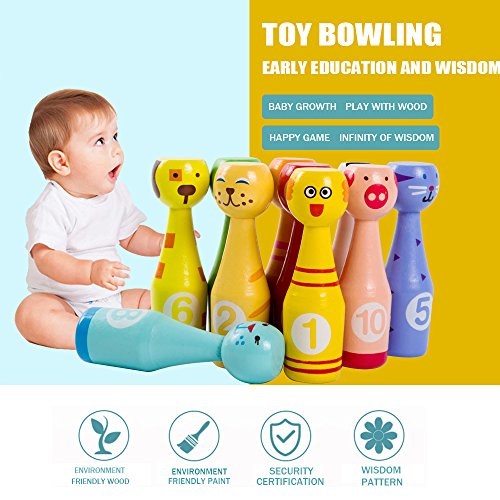 MXtechnic Wooden Bowling Ball with Numbers ,Cute Cartoon Animal Multicolor Skittles Set Sport Toys for Baby Infant Kids --MINI Edition (10 Pins + 3 Balls) (Wooden Bowling Ball)
