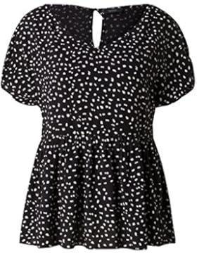 C&A Damen Bluse mit Schößchen Cut-Outs abstrakte Farbkleckse weiß schwarz