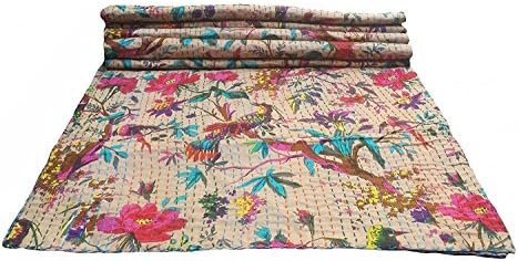 Traditional Fabrics Handmade Bed Cover Cotton Bedspread Indian Bird Print Kantha Quilt G270