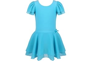 IEFIEL Vestido de Baile Patinaje para Niña Manga Corta Maillot de Gimnasia Rítmica Clásica Sólido con Tul Vestido de Bailarina 2-14 Años