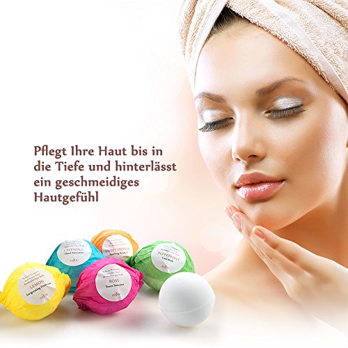 Anjou Badebomben Badekugeln 6er Geschenkset, 6x100g (Jojobaöl, Sheabutter, Aromatherapie, Entspannung, Pflegend, Ätherische Öle von Pfefferminze/Süßorange/Zitrone/Rose/Lavendel/Zitronengras) - 5