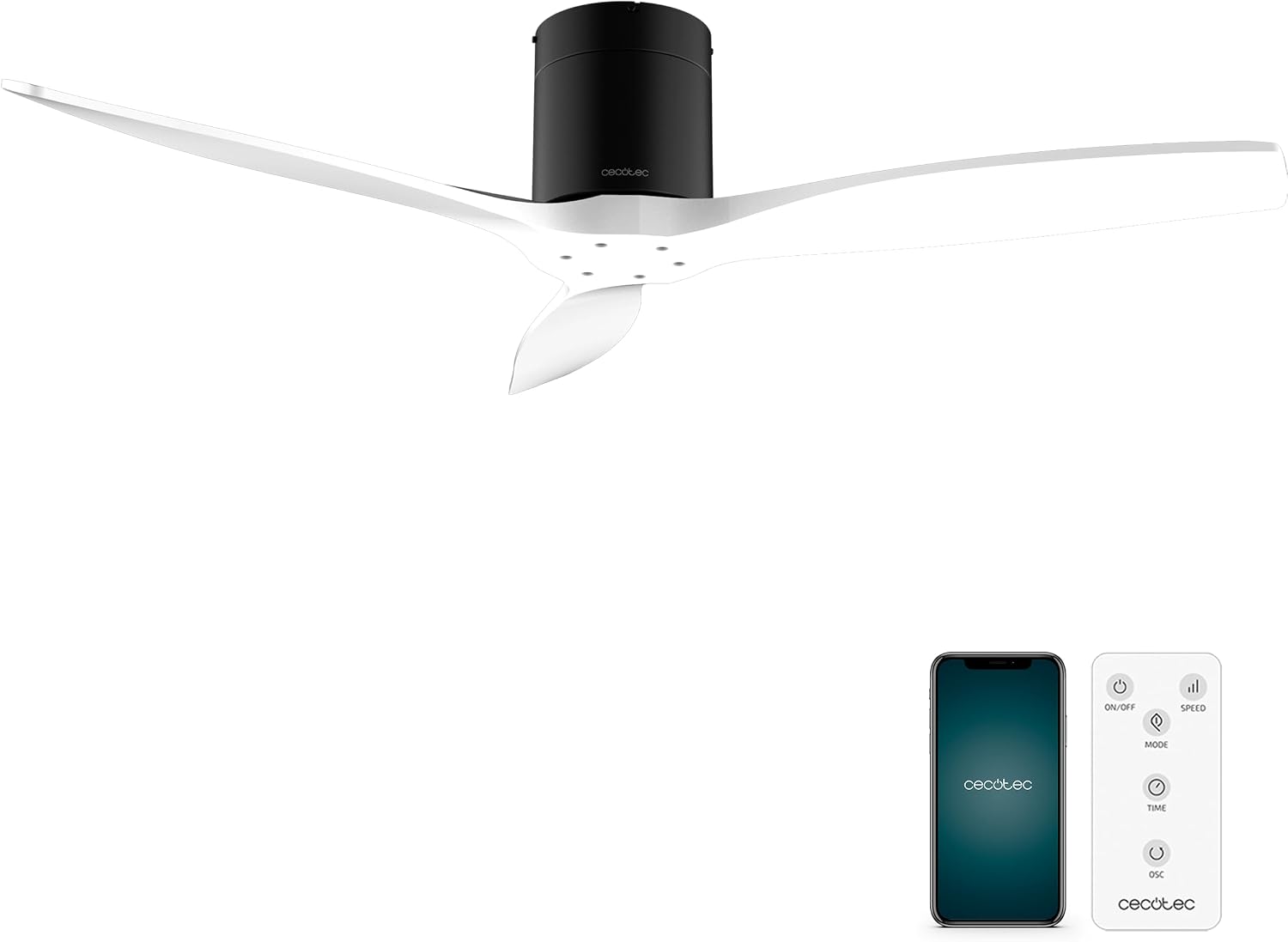 Cecotec Ventilador de Techo con Mando EnergySilence Aero 5500 Aqua Black&White Connected. Motor DC 40W, Diámetro 132cm, 3 Aspas, Bajo consumo, Wifi, Exteriores, Temporizador, Verano e invierno