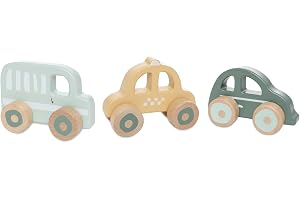 Jollein Träbilar – uppsättning av 3 lekbilar – On The Go – babyleksak av trä – bil, taxi och buss – främjar fantasi och motorik – träleksak – gul/grön