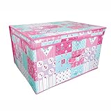 Folding Pink and Teal Patchwork Kids Room Tidy Toy Storage Box with Lid