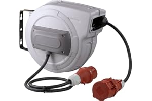 as - Schwabe CEE Carrete de cable retráctil automático 15 m H07RN-F 5G2,5-400V/16A/5 polo - Enrollador de manguera - 180° Giratorio - 1 m de cable de conexión - desmontable - para exterior, 12649