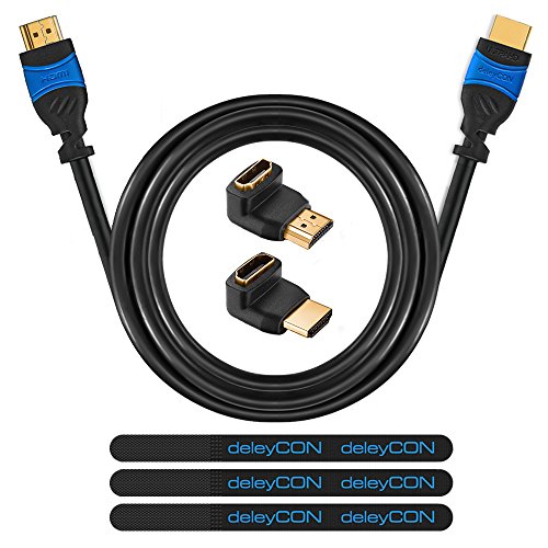deleyCON HDMI Set - 2m HDMI Kabel + 2x HDMI Winkel Adapter (90° + 270° Grad) + 3x Klett-Kabelbinder + Microfaser Reinigungstuch - HDMI 2.0 / 1.4a kompatibel High Speed mit Ethernet (Neuster Standard) ARC 3D 4K Ultra HD (1080p/2160p)