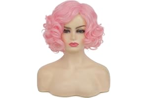 Baruisi Short Curly Pink Wigs for Women Synthetic Natural Wavy Costume Cosplay Party Wig,Pink