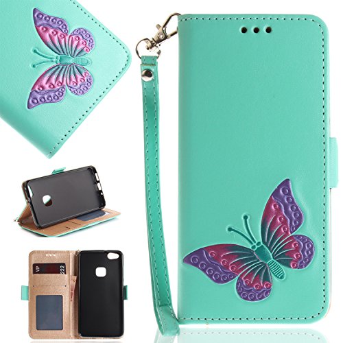 Huawei P10 lite Case, Huawei P10 lite Wallet Case, Flip Leather Case for Huawei P10 lite, BONROY [Butterfly Embossed] PU Leather Wallet Case Flip Cover Pouch Magnetic Closure Card Slots & Stand & Wrist Strap with Inner TPU Bumper Protective Case for Huawei P10 lite