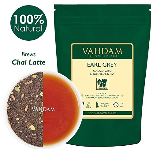 Masala Chai Earl Grey SUPER DELICIOSO,Té Hojas Sueltas - Mezlca Única de Té Negro con Extractos de Bergamota Natural y Exóticas Expecies Frescas como el Cardamoma, Canela,Clavo y Pimienta Negra - 100g