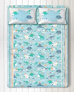 Silverlinen Snooze & Roar Dinosaur 100% Cotton 250 TC King Bedsheet for Kids Room for Boys and Girls with Two Pillow Covers - Multicolour (108 Inch x 108 Inch)