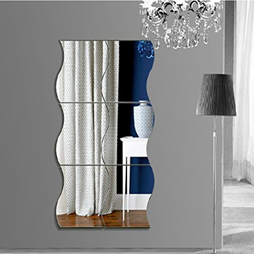 Hangqiao 6pcs Miroir de Mur Carree Autocollant Motif de Vagues d'Argent Murales de Style Chambre d'enfant Decoration