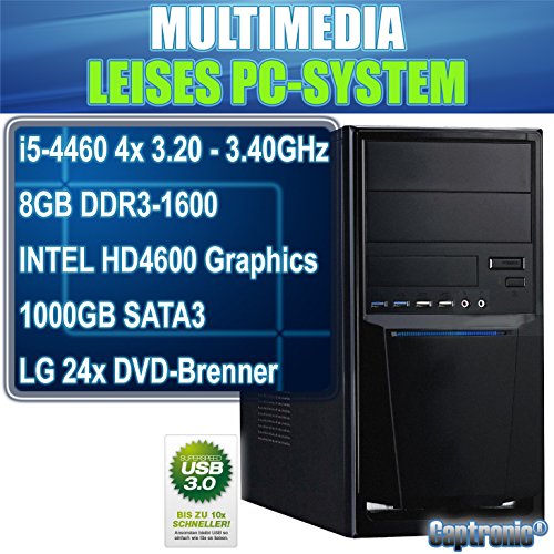 Captronic® (i5-4460-8GB-HD4600-1TB) QuadCore Silent Multimedia Office PC Front USB 3.0 INTEL Core i5-4460 4x 3,20GHz (Turbo bis 3400MHz) Haswell Refresh | KINGSTON 8GB DDR3-1600 | 24x DVD-Brenner | 1000GB HDD SATA3 | Intel HD 4600 HDMI/DVI/VGA | 6x USB 3.0 | CardReader | 7.1 Sound | GigabitLAN | Design Gehäuse Schwarz - 2