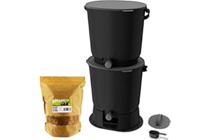 Moutta | Bokashi Organko Essential Negro (15,3L) | Set de 2 Cubos para Compost orgánico con compactador + 1kg de Activador de Fermentación EM-1