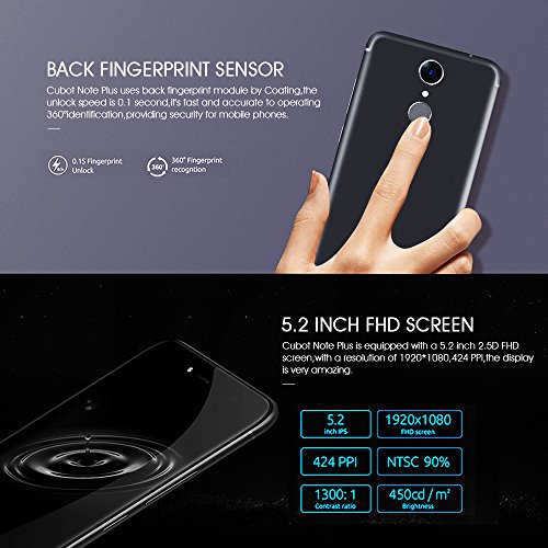 CUBOT Note Plus Smartphone 4G LTE Ohne Vertrag mit Fingerabdruck-Sensor, 5.2-Zoll-IPS-Bildschirm, Dual RÃ¼ckkamera, Dual SIM Standby, Android 7.0, 3GB RAM + 32 GB ROM, Bluetooth, GPS, WiFi(Schwarz)