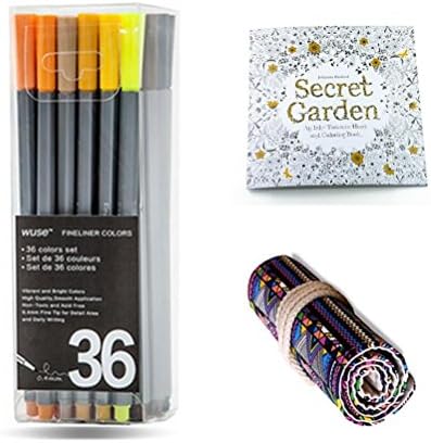 TOPmore Fineliners 36/60/100 Colors Optional, Fineliners 0.4 mm, Coloured Pens ,Canvas Roll Up Pouch Case + Colouring Book