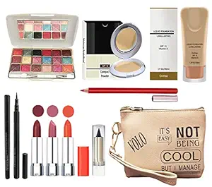 volo All In One Professional Womens Makeup Kit (3 Pcs Lipsticks,1 Eye Shadow, 1 Lip liner,1 Foundation,1 Eyeliner, 1 Compact, 1 Kajal, 1 Pouch) Set of 10 Pcs (orange)