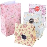 (23*13*8cm)24pcs Sachets Kraft Pochette Sac Cadeau d’emballage avec Autocollant en motif Fleurs pour Mariage Anniversaire Fete (4 motifs, 6 sachets par motif)