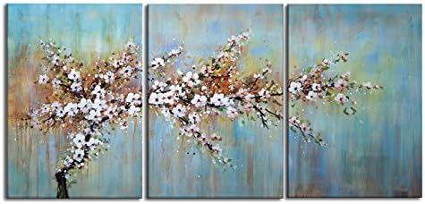 Handmade Oil Painting Plum Blossom Pictures Romantic Blue Flora Flower Artwork on Canvas 3 Piece Home Decor Modern Wall Art for Living Room,Gallery-Wrap Framed Stretched Ready to Hang(48''Wx24''H)