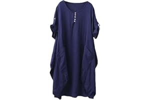 FTCayanz Femme T-Shirt Robe Manches Courtes Lin Coton Tunique Ample Casuel avec Grande Poches
