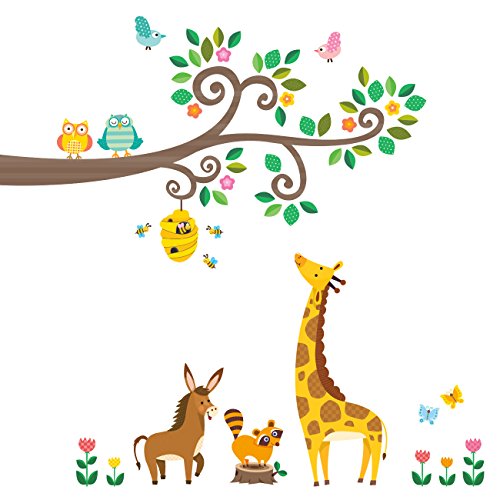 Preisvergleich Produktbild Decowall DW-1512N Rollende Zweige Waldtiere Tiere Wandtattoo Wandsticker Wandaufkleber Wanddeko für Wohnzimmer Schlafzimmer Kinderzimmer