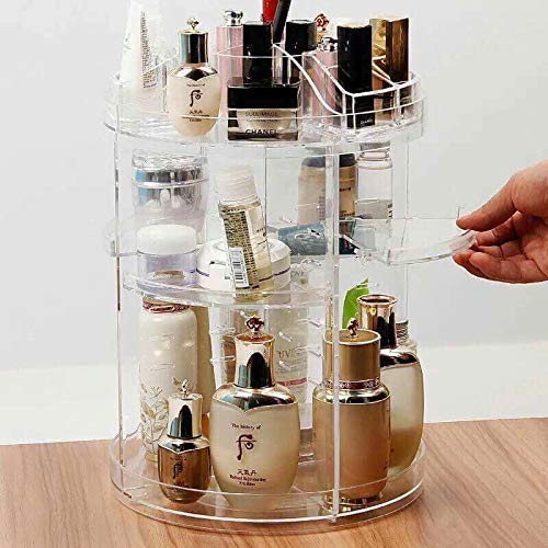 Krevia Acrylic/Plastic Cosmetic Storage Box Rotative Rack 360 Degree Makeup Storage Vanity Stand (Transparent Color)