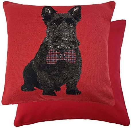 FILLED CHRISTMAS SCOTTIE DOG RED BLACK WITH TARTAN BOW TIE WOVEN TAPESTRY CUSHION 18"