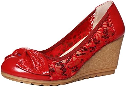 Mashiaoyi Women's Bowknot Wedge-Heel Slip-on Lace Sequins Court Shoes UK 6 Red