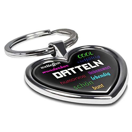 Preisvergleich Produktbild Schlüsselanhänger mit Stadtnamen Datteln - Motiv Positive Eigenschaften - Herz-Schlüsselanhänger, Stadtschlüsselanhänger, personalisierter Anhänger, Herz-Anhänger, Chrom