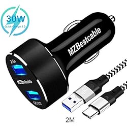 30W Chargeur Voiture pour Samsung Galaxy S10 S10E 10 10E Plus S9 S8,Note 8 9 10 A50 A80 A40 A20 A20E A70,Nokia 6.1 7.1 8.1 7 8,Allume Cigare 2 Ports 5V/2.4A+QC3.0 AVCE 2M 3A USB C Cable Charge Rapide 