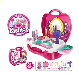 OBLETTER 2 in 1 Beauty Makeup Pretend Play Set Fashion Set Suitcase Toy, Gift for Girls 3-8 Year Old Kids (Plastic - Pink)