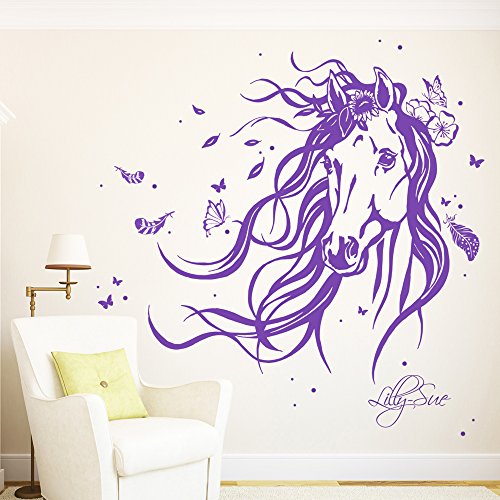 ilka parey wandtattoo-welt® Wandtattoo Pferd Wildpferd mit Blumen Federn Schmetterlingen und Wunschnamen M1874 ausgewählte Farbe: *türkis* ausgewählte Größe: *M – 80cm breit x 68cm hoch* - 3