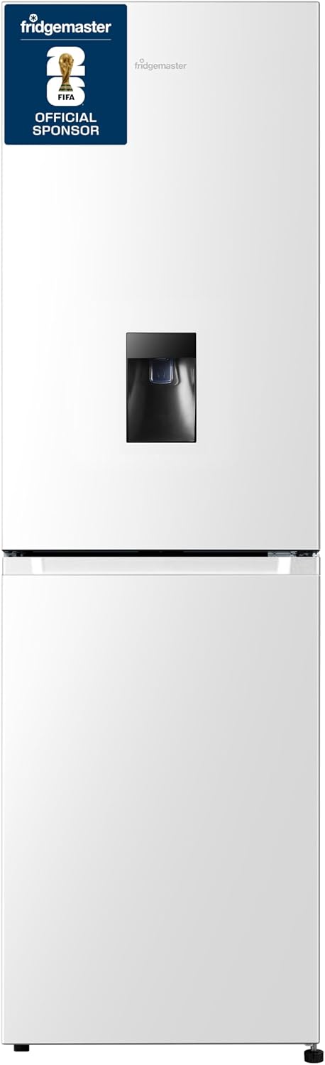 Fridgemaster MC55251DE 55cm Freestanding 256 litre 50/50 Fridge Freezer with Non-plumbed Water Dispenser - Frost Free - LED Lighting- 4 Star Freezer Rating -White - E Rated, H182.4 x W55 x D55.7 (cm)