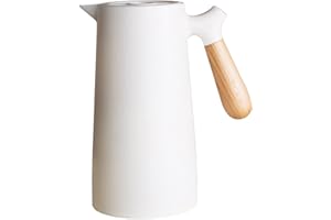 TOMOTATO Jarra Térmica de Café de 34oz/1L, Tetera de Café al Vacío de Doble Pared con Revestimiento de Vidrio Termo de Café Aislado con Mango de Madera, Mantiene el Frío Caliente(Blanco)