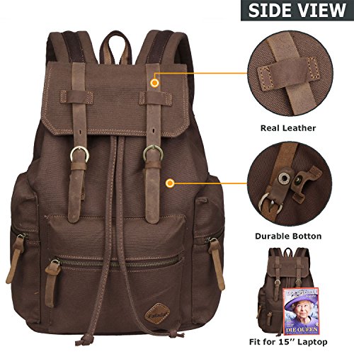 Fafada Rucksack Canvas Vintage Damen M  dchen Leder Retro Laptop backpack Schulrucksack Daypack f  r Campus Studenten und Outdoor Reisen Wandern Kaffe