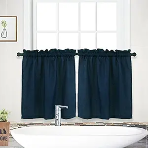 Kitchen Cafe Curtains,Waffle Weave Textured Tailored Short Curtains for Bathroom Water Repellent Window Covering Tier Curtains - 30 x 24, Navy Blue, Set of 2