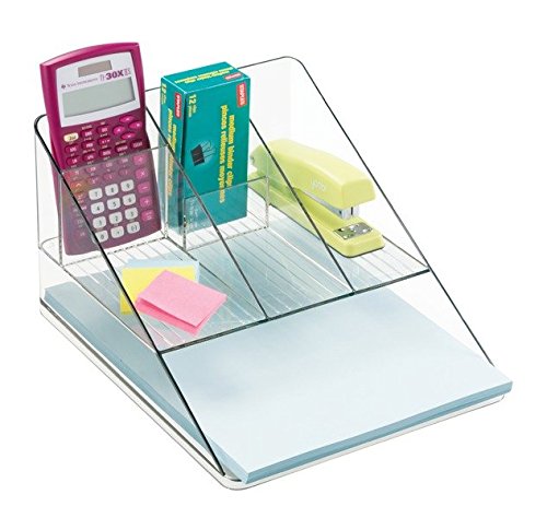 mDesign Organizador de escritorio transparente     Organizador de oficina con 5 compartimentos y bandeja para papel     Pr  ctico organizador de material de escritorio