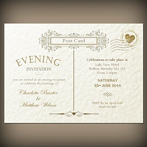 50 Vintage Postcard Evening Invitations With Envelopes, Ivory hammered texture card, Choice of quantity.