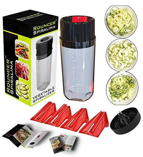 Spiralina - Gemüsespirale - 4 Einstellungen Spaghetti / Julienne and Spiralschneider für Gemüse für Bratpfannen, Salate oder Nudelgerichte + Handschutz + Rezeptbuch und manuelle