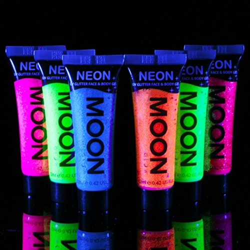 Moon Glow - Neon UV Glitter Face & Body Gel - 12ml Set of 6 - Glows brightly under UV