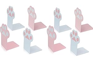 Ctpeng Set von 8 weißen und pinken dekorativen Buchstützen für Regale,Pfoten-Buchhalter mit rutschfesten Pads, niedliche Buchstütze für Regale,20 x 14 cm
