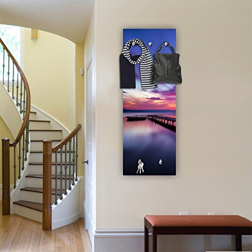 Feeby, Deco Panel Aufhänger, Kleiderhaken, Wandgarderobe, Garderobe, Wandecor Bilder mit hänger, 5 haken, STEG, BOOT, SEE, WASSER, VIOLETT