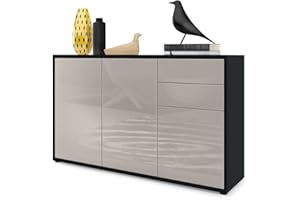 ‎VLADON Vladon Sideboard Ben V3, Kommode mit 3 Türen und 2 Schubladen, Schwarz matt/Sandgrau Hochglanz (117 x 74 x 36 cm)
