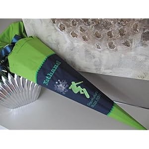 #15 Skater dunkelblau-grün Schultüte Stoff + Papprohling + als Kissen verwendbar
