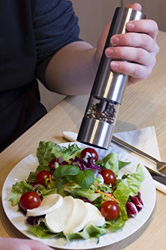 Oxid7® Pfeffermühle gebürstetet Edelstahl mit Licht | SET | Elektrische Mühle für Pfeffer · Salz · Gewürze | Automatik Mahlwerk aus Keramik (1 Stück) - 5