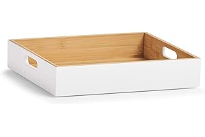 Zeller 13358 Boîte de rangement en bambou blanc, env. 30 x 27 x 6 cm, empilable, poignées latérales, boîte de rangement plate
